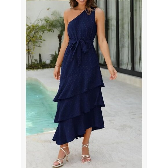 PRETTY GARDEN Womens Swiss Dot Navy One Shoulder Tiered Ruffle Midi Dress Size M - Picture 3 of 12
